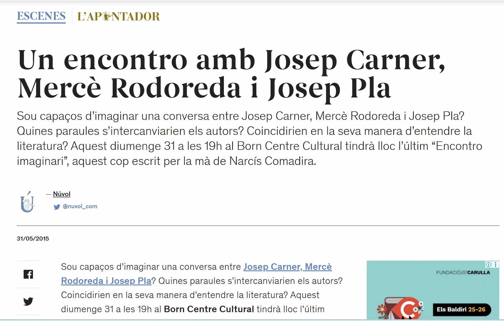 Encontros Imaginaris. Carner, Rodoreda i Pla 